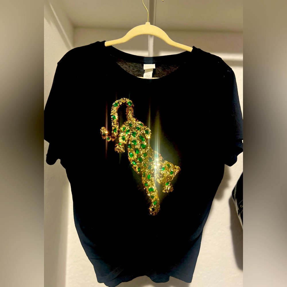 H&M Black Gold Sequin Tiger Top Embellished Sequined Tee Short Sleeve Shirt L